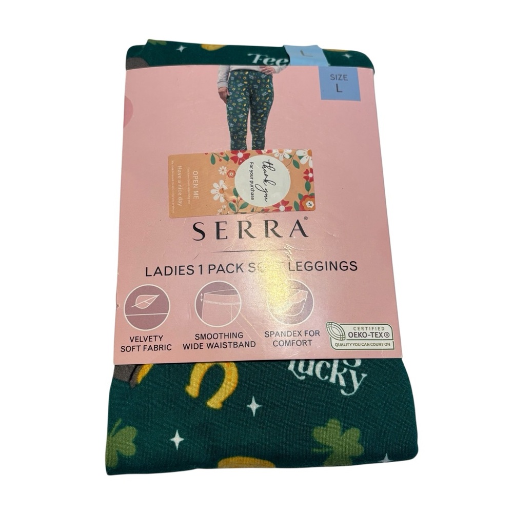 NEW St. Patrick's Day Leggings Large Serra Green Clovers Horseshoes Stretch Soft